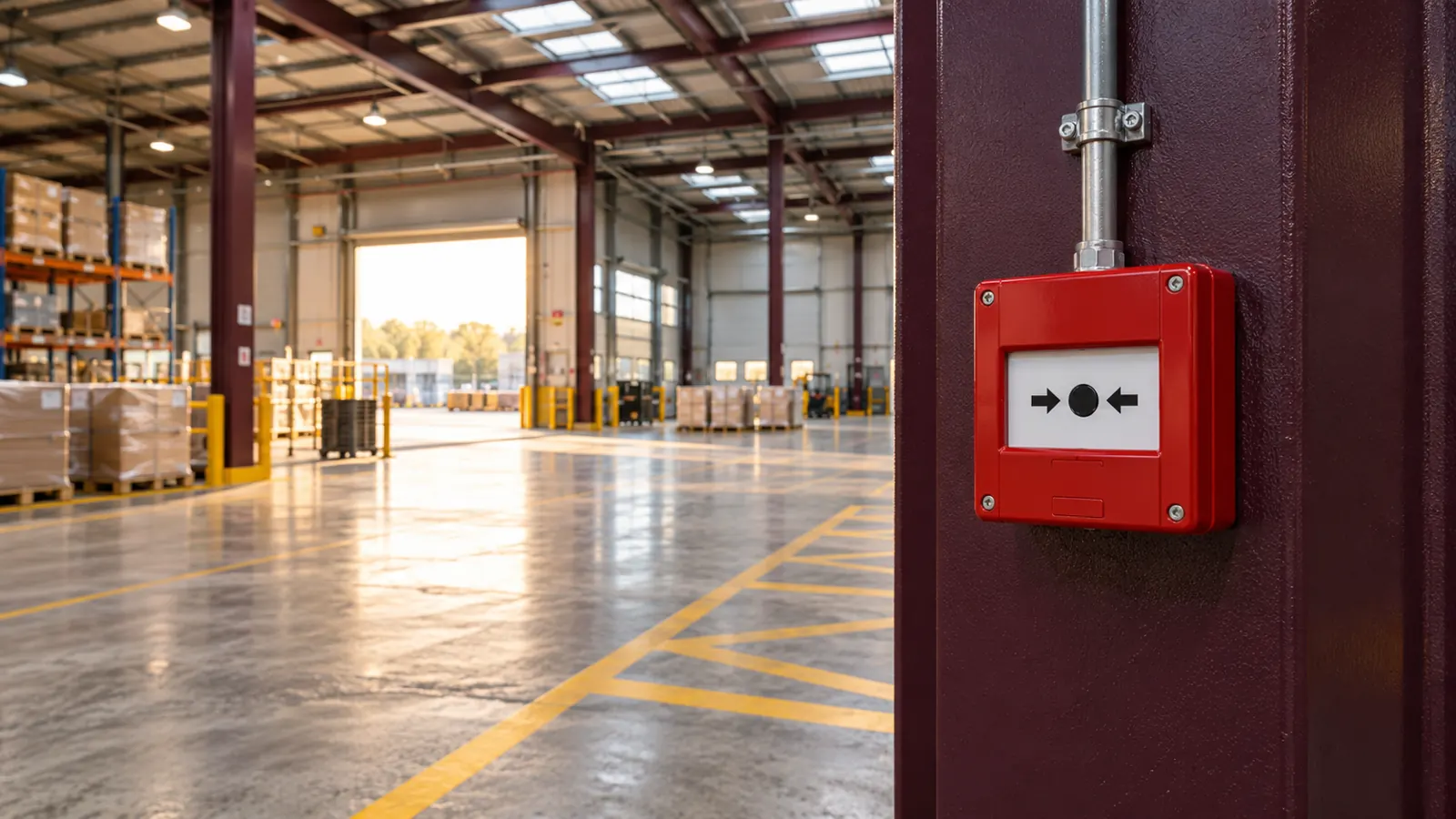 Fire alarm call point beside a clear route through an industrial warehouse